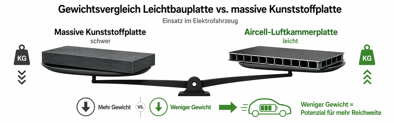 Gewichtsvergleich Leichtbauplatte vs. massive Kunststoffplatte Elektrofahrzeug